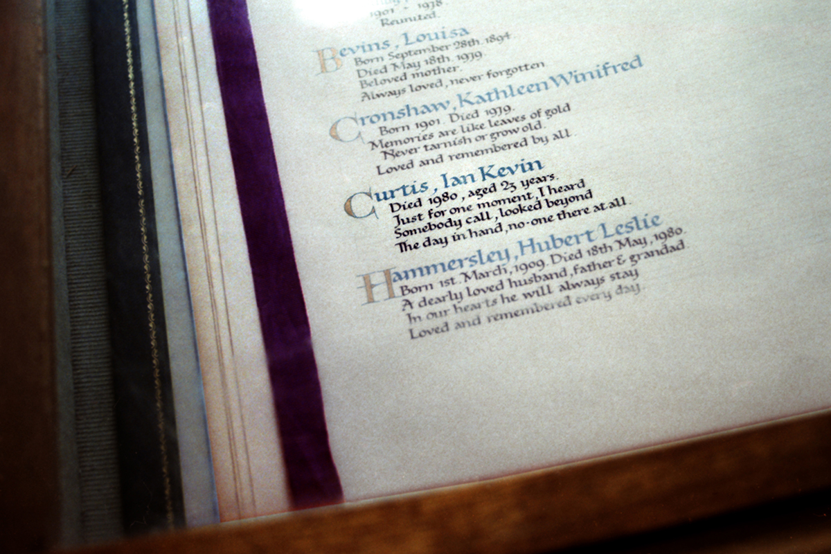 Ian Curtis's entry in the Book of Remembrance in Macclesfield Crematorium